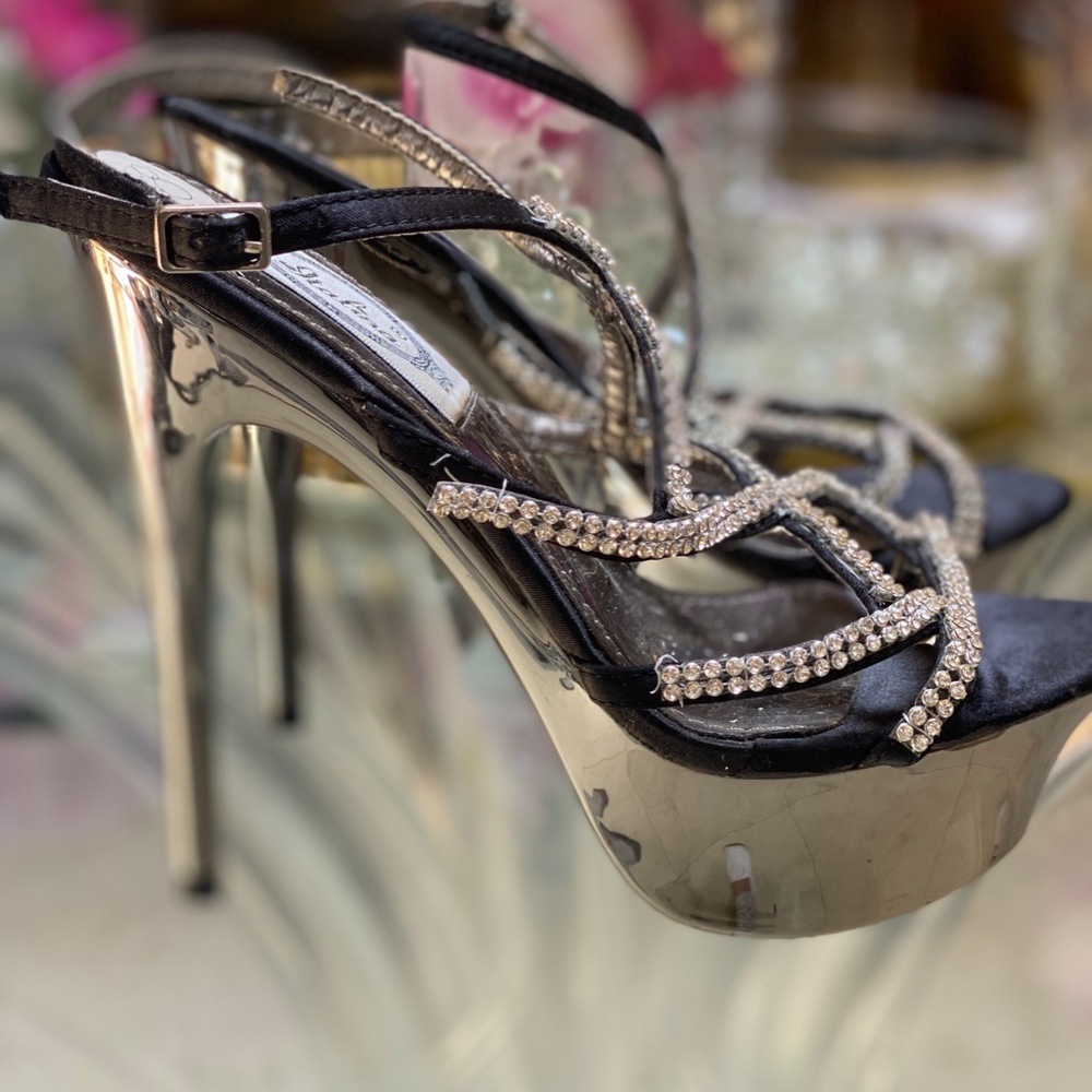 Never Worn Strappy Black and Rhinestone Platform Evening Heels